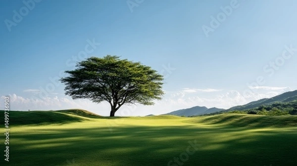 Fototapeta Large tree stands in a grassy field with a clear blue sky above. The tree is the focal point of the image, and the field is vast and open, giving the impression of a peaceful and serene environment