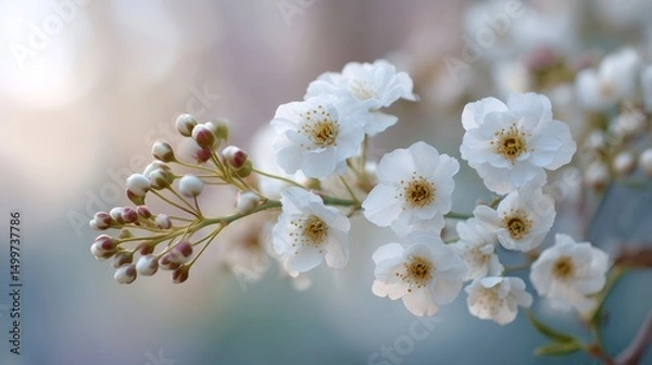 Obraz Close up of a white flower with a few buds showing. The flower is surrounded by a blue background