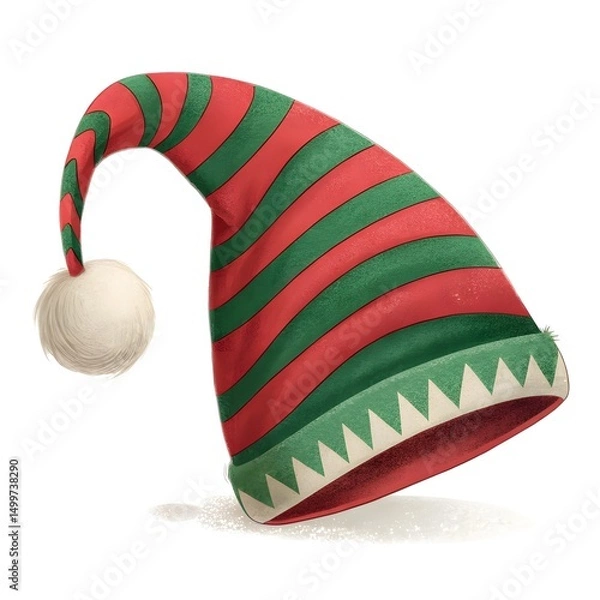 Fototapeta Festive Elf Hat with Red and Green Stripes and Decorative Elements