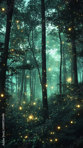 Fototapeta Mystical forest with glowing fog and floating lights