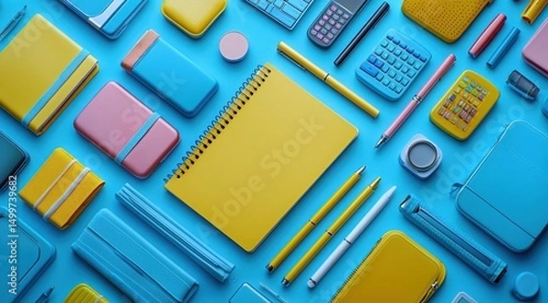 Obraz Top-Down View of a Colorful Workspace with Notebooks, Pens, Calculators, and Cases Arranged on a Light Blue Surface