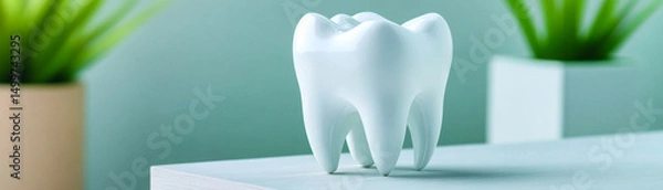 Fototapeta A pristine white tooth model surrounded by greenery, symbolizing dental care and hygiene.