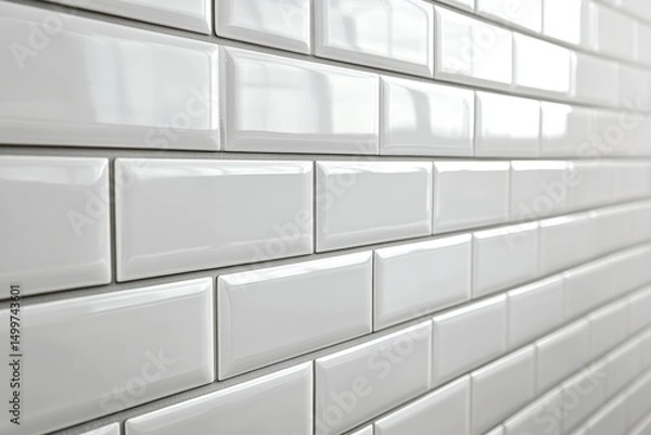 Fototapeta Ceramic tiles with a glossy finish and beveled edges set into horizontal brickwork. The sleek and clean wall design is ideal for kitchens and bathrooms with a minimalist or modern aesthetic. Banner