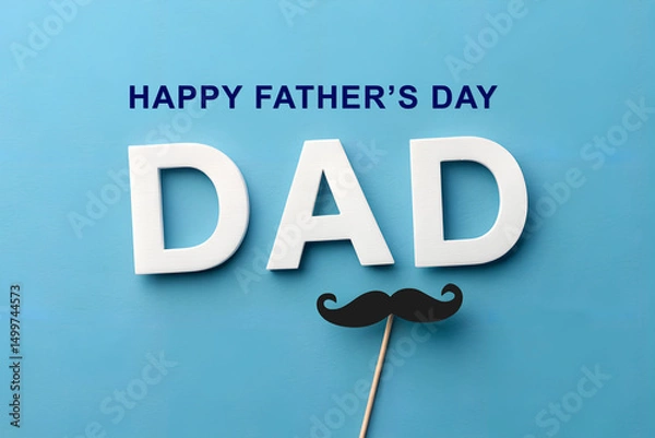 Obraz Happy Father’s Day Greeting with Mustache Prop on Blue Background. 3D style, Banner