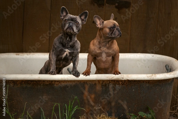 Fototapeta Adorable small puppies sitting inside an old, rustic bathtub. The image features a charming combination of vintage style and playful pet behavior.