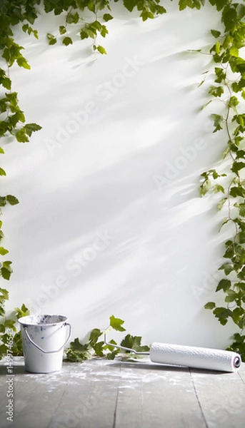 Fototapeta A serene white wall framed by green ivy, embodying freshness and tranquility.