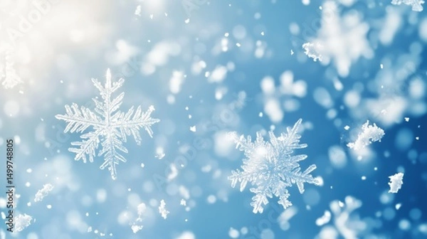 Obraz Delicate Snowflakes Gently Falling from a Clear Blue Sky