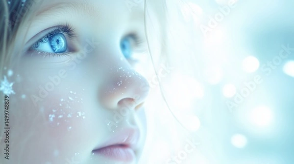 Obraz Close-Up of Child's Face with Soft Snowflakes in Winter Scene