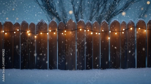Obraz Glowing Lights on Fence Amidst Snowfall in a Night Scene