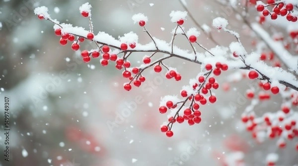 Obraz Beautiful Winter Background with Snow and Red Berries