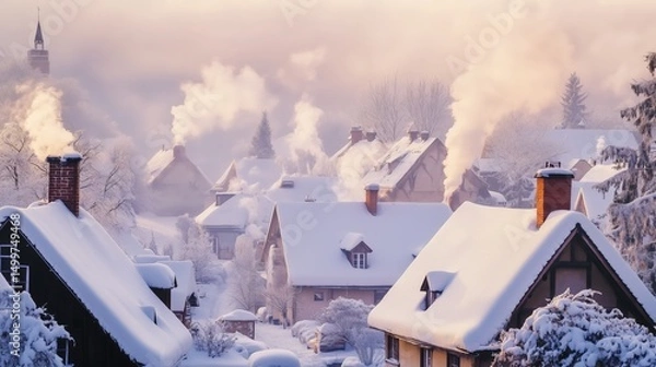Obraz Snow Covered Rooftops in a Charming Winter Landscape at Sunrise