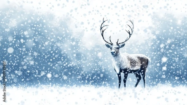 Obraz Snowy Winter Landscape with Majestic Reindeer in Foreground