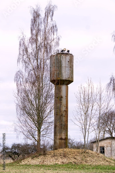 Obraz Stork nest on an old water tower in early spring.