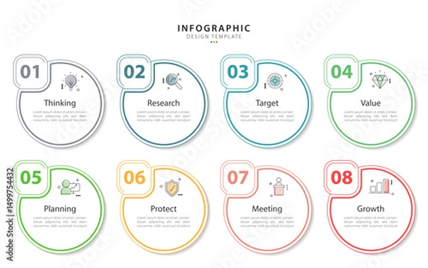 Obraz Timeline Creator infographic template. 8 Step timeline journey, calendar Flat simple infographics design template. presentation graph. Business concept with 8 options, gantt vector illustration.
