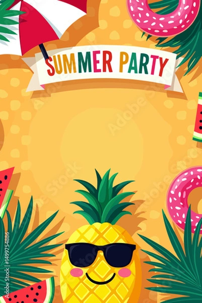 Fototapeta Fun summer party banner with smiling pineapple, donuts, watermelon and tropical plants. Ideal for festive posters or invitations