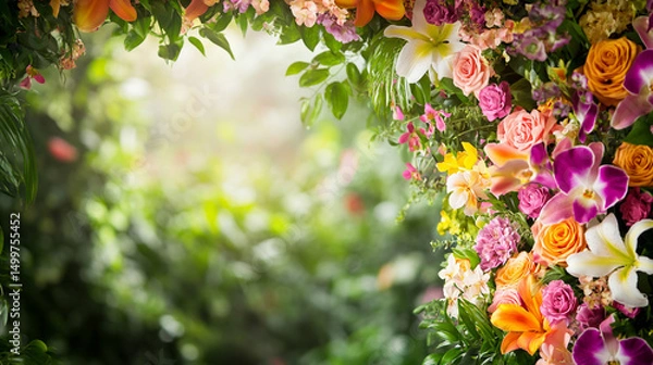 Fototapeta A vibrant floral archway adorned with colorful blossoms and greenery.