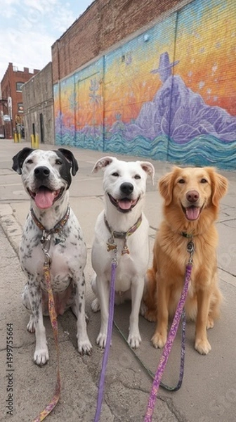 Fototapeta Dog park leash urban concept. Three happy dogs sit in front of a colorful mural on a city street, showcasing joyful companionship.