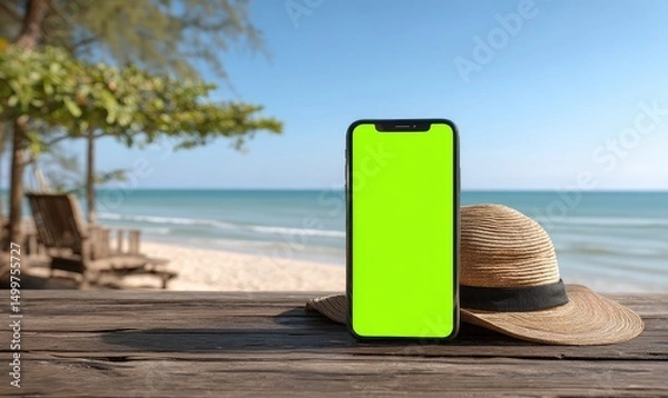 Fototapeta Smartphone on a beach with a straw hat