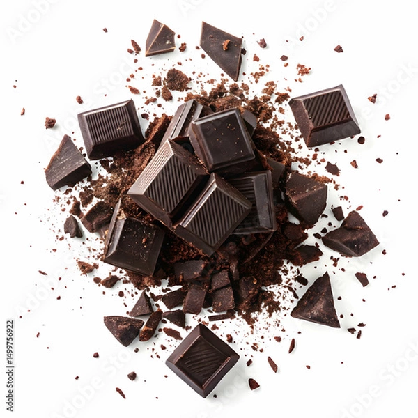 Fototapeta fragmented shards of dark chocolate swirling in mid-air, isolated on white background