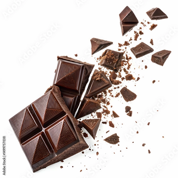 Fototapeta fragmented shards of dark chocolate swirling in mid-air, isolated on white background