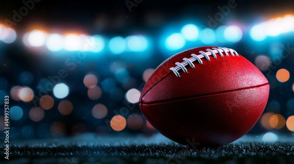 Fototapeta A vibrant, focus shot of a football on the field, highlighting its texture and color.