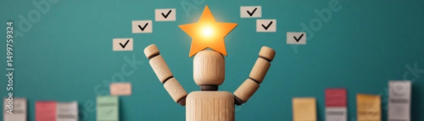 Fototapeta A wooden figure celebrating achievements with star and checkmarks against a teal backdrop.