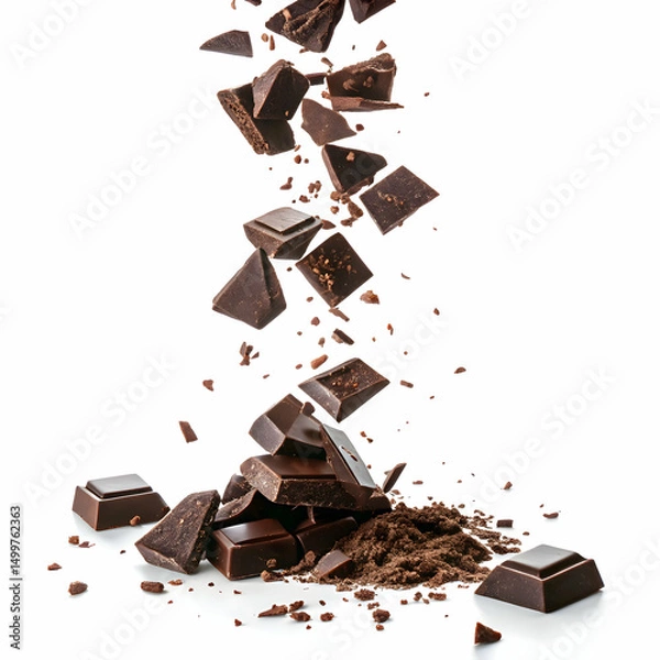 Fototapeta fragmented shards of dark chocolate swirling in mid-air, isolated on white background