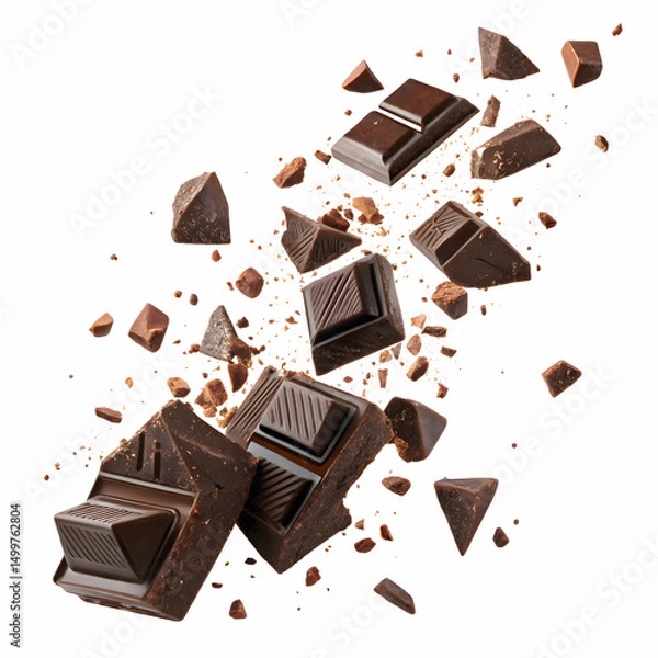 Fototapeta fragmented shards of dark chocolate swirling in mid-air, isolated on white background