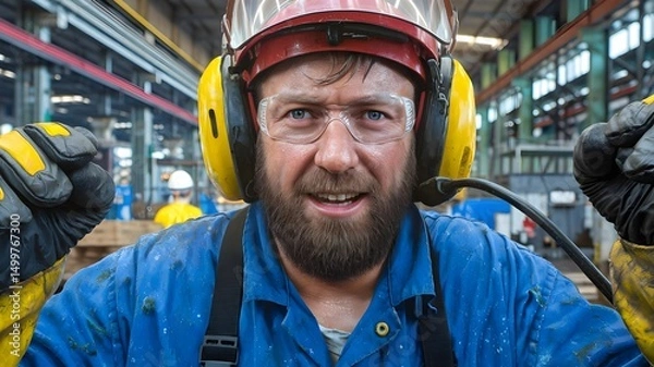 Fototapeta Closeup of a hispanic worker in warehouse, labor day.