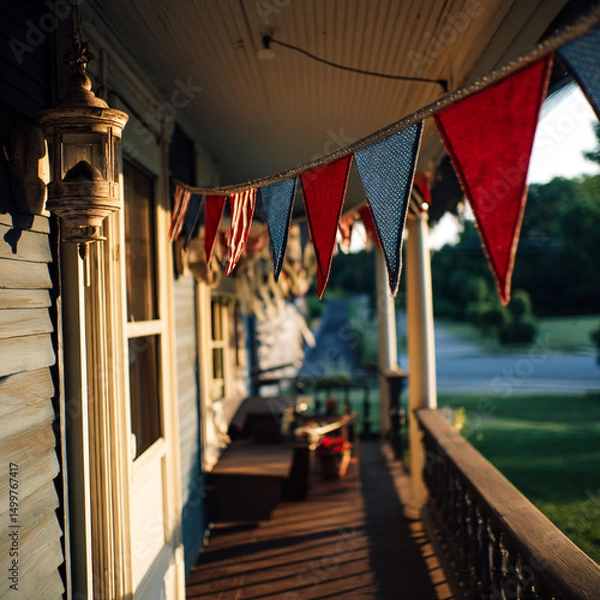 Obraz Colorful flag bunting hanging on porch of a house during summer  