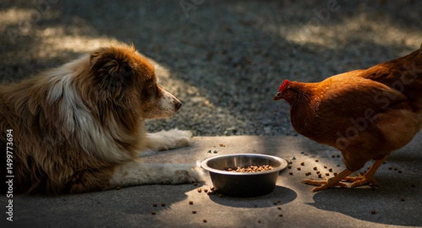 Fototapeta A curious Border Collie and a bold chicken lock eyes in a quiet, comical standoff. Animal interaction captures the intelligence, caution, and personality of both farmyard friends.