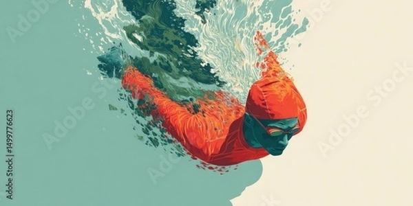 Fototapeta Abstract illustration of a swimmer underwater in bright colors