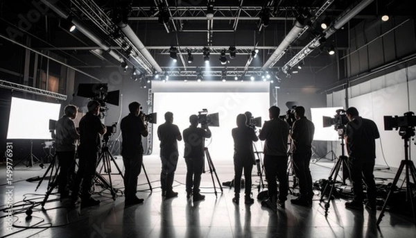 Fototapeta Studio Lighting Setup with Camera Operators and Crew Silhouettes in Film Production
