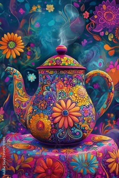 Fototapeta Vibrant illustration of a teapot adorned with intricate floral designs, set against a colorful abstract background, detailed patterns, bright and cheerful digital art