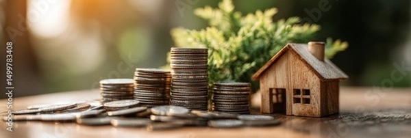 Fototapeta Saving for a Dream Home: A Financial Journey - Stacks of coins represent savings, growing towards a miniature house, symbolizing financial goals, homeownership