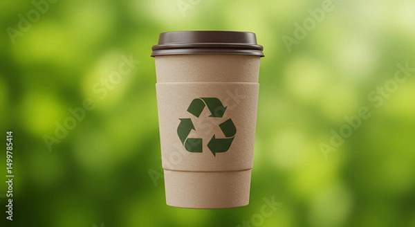 Fototapeta A solitary eco-friendly coffee cup stands proudly, a beacon of environmental responsibility, its recycling symbol a testament to a greener future.