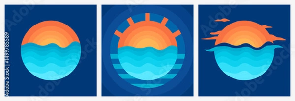 Obraz Set of Minimalist Logo Vector Illustration of an Open Sea Landscape at Sunset or Sunrise Using Basic Geometric Shapes, Featuring Stylised Waves, a Prominent Orange Sun on the Horizon, Clear Blue Sky