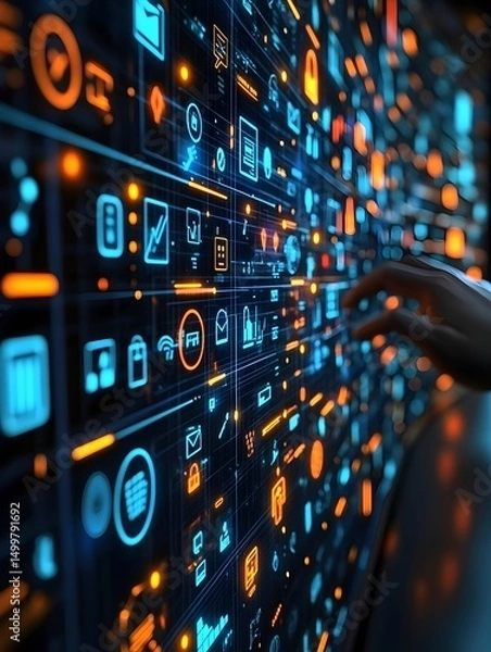 Fototapeta A hand interacts with a vibrant, digital interface teeming with glowing icons and data streams, representing advanced technology and connectivity