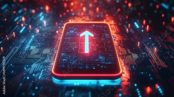 Fototapeta Futuristic smartphone with upward arrow on a circuit board background.