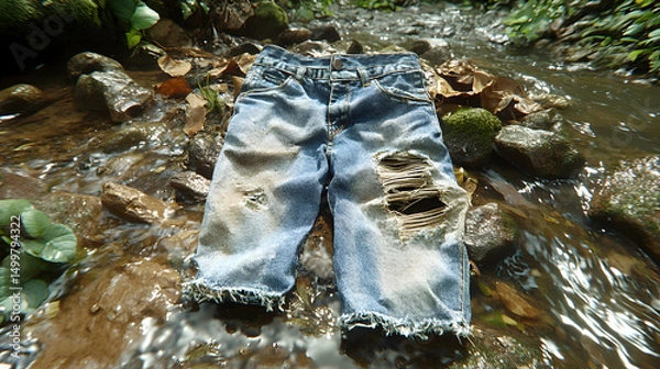 Fototapeta Distressed denim shorts washed downstream, showcasing an environmental concern