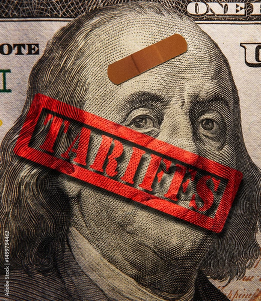Obraz Hundred dollar bill with bandage and red Tariffs stamp