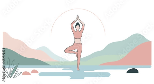 Obraz Illustration of a woman practicing yoga in a tree pose by a tranquil lakeside