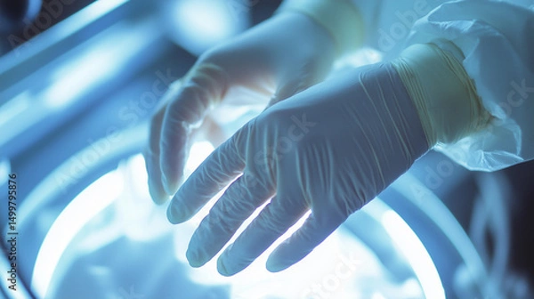 Fototapeta Medical professional examining inflamed hand under bright light  