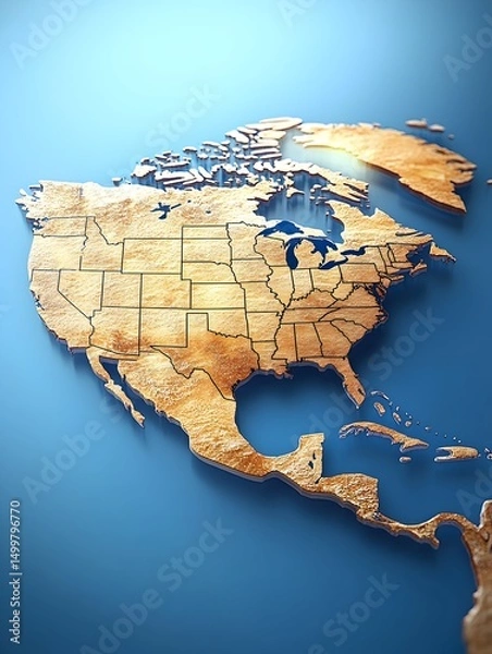 Fototapeta A three-dimensional, wood-textured map of North America, showcasing state borders against a light blue background.  Subtle lighting highlights the northern regions
