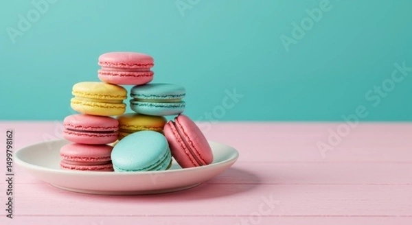 Obraz Delicious macarons stacked on plate bright colorful setting food photography pastel environment close-up viewpoint sweet treat concept