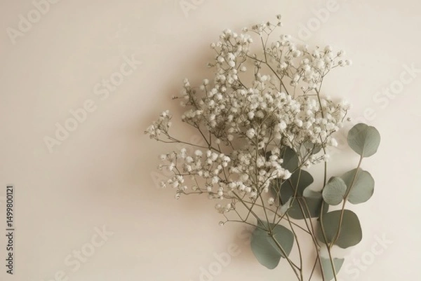 Obraz white card mockup, with baby's breath flowers and eucalyptus leaves on the side, neutral beige background
