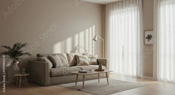 Fototapeta Scandinavian Living Room with Beige Walls and Linen Sofa