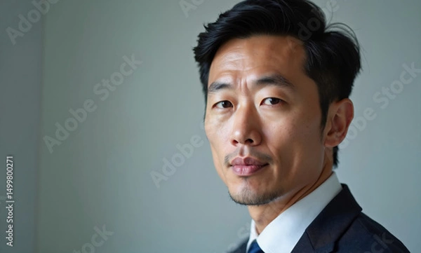 Fototapeta Serious businessman in blazer looking at camera