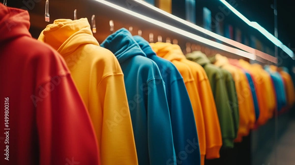 Fototapeta Cozy Fashion Boutique with Bold Colorful Hoodies Showcasing the Latest Trends Under Soft Lighting (5)