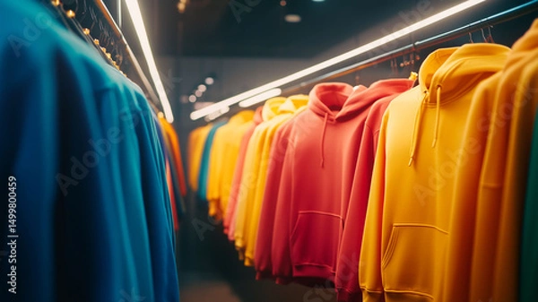 Fototapeta Cozy Fashion Boutique with Bold Colorful Hoodies Showcasing the Latest Trends Under Soft Lighting (8)
